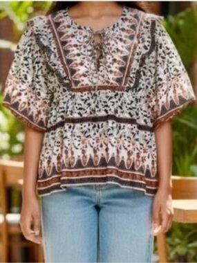 Bailey 44 Brown and Cream Printed Flutter-Sleeve Blouse